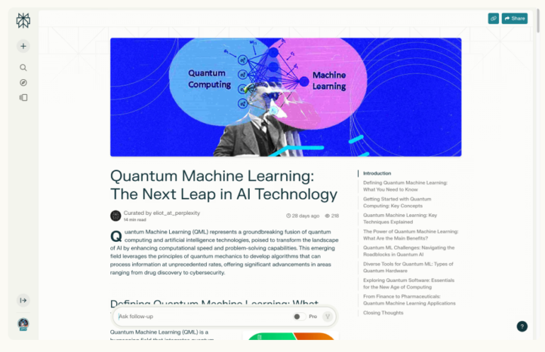 Example of a Perplexity Page on quantum computing and machine learning.
