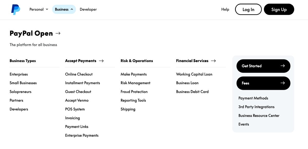 PayPal Open platform overview for business types, payment acceptance, risk management, and finance tools