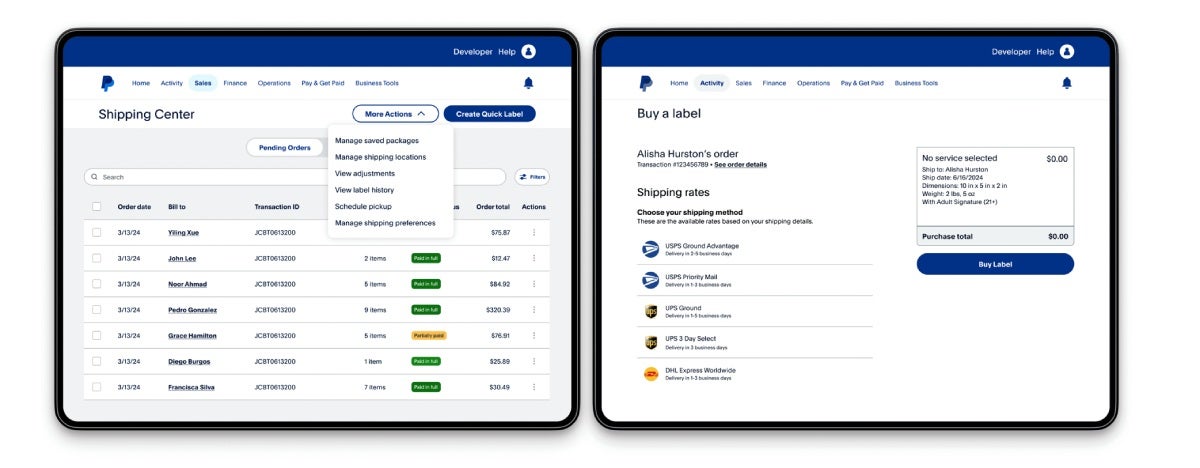 PayPal Shipping Center showing pending orders, label creation options, and shipping carrier rates