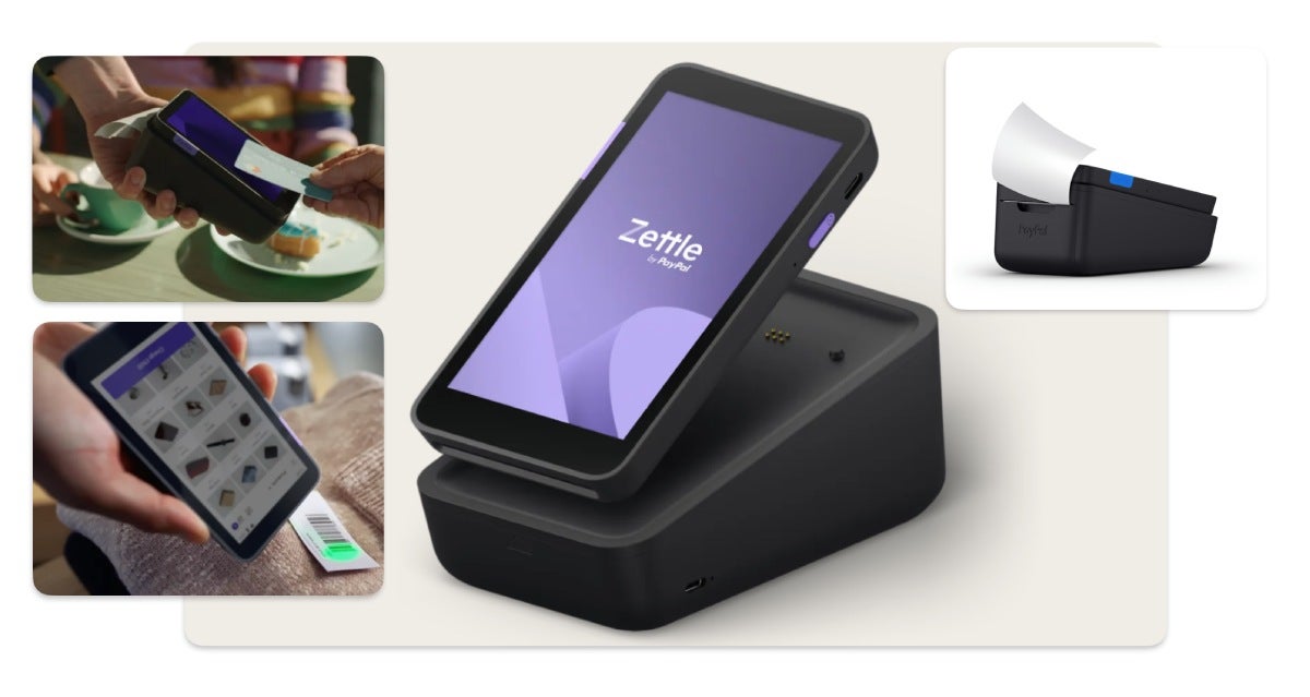 Handheld Zettle by PayPal terminal with touchscreen, scanner, and built-in receipt printer
