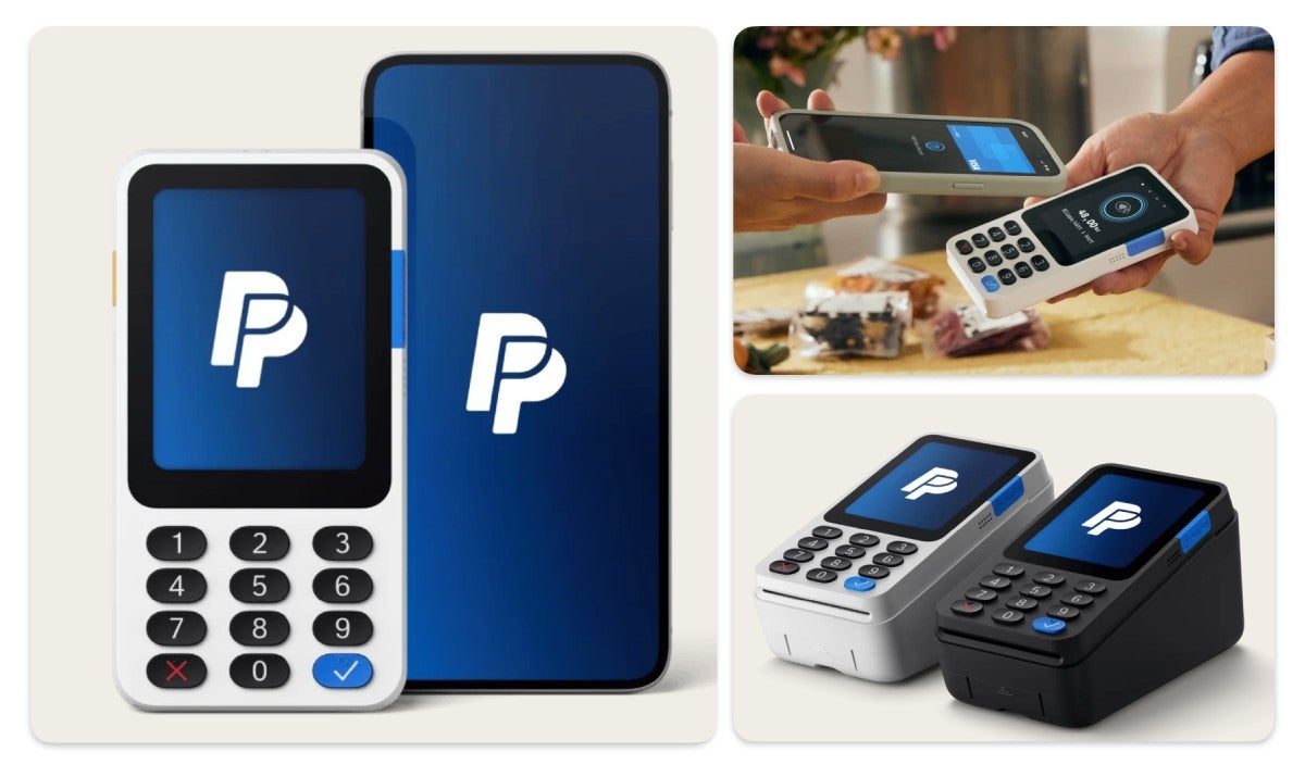 Multiple PayPal-branded mobile card readers in white and black shown with tap-to-pay functionality and digital displays