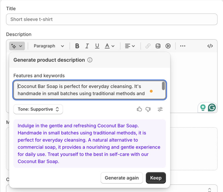 shopify magic generative ai used in creating product descriptions in the shopify dashboard