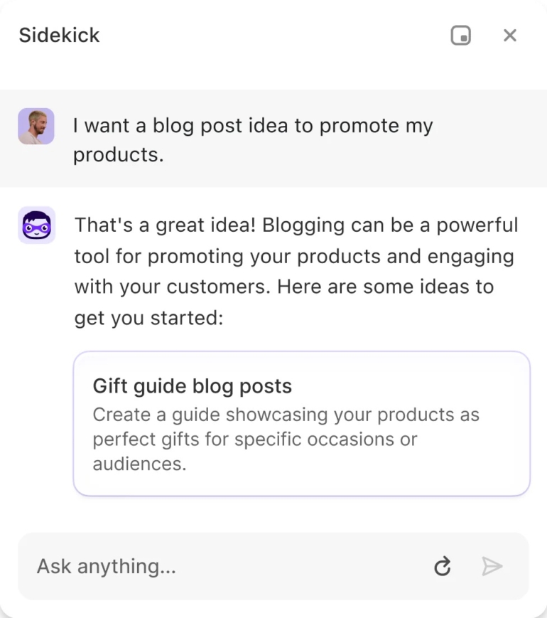 shopify sidekick virtual assistant chat preview asking sidekick to create a discount coupon code