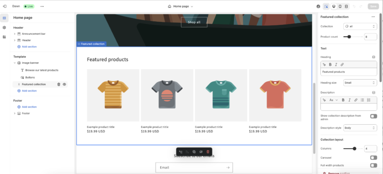 Shopify drag ang drop builder showing a product catalog page of t-shirts