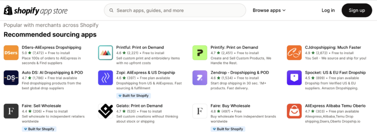 shopify app store showing product sourcing apps