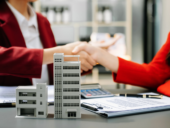 Signing a contract. Client and broker agent, lease agreement, successful deal