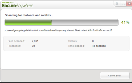 Webroot scans system to find viruses and malware.