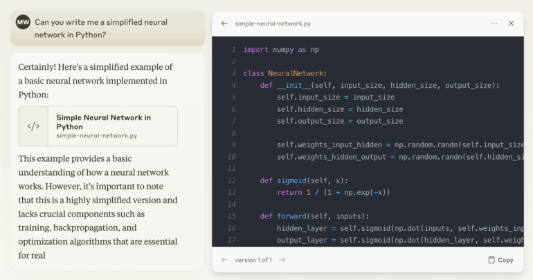 Claude AI-assisted Python coding example for building a simple neural network.