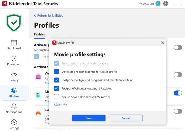 Bitdefender’s Smart Profiles help users to optimize their devices for different activities, and users can configure these settings per their unique preferences.