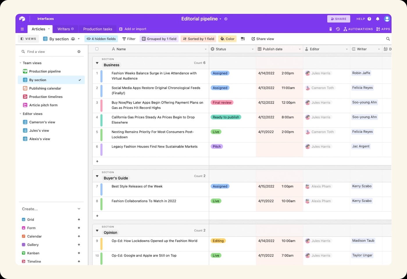 AirTable’s grid view features a series of rows, columns, and records.