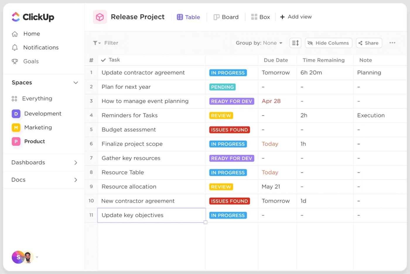 ClickUp Table View of the task management system.