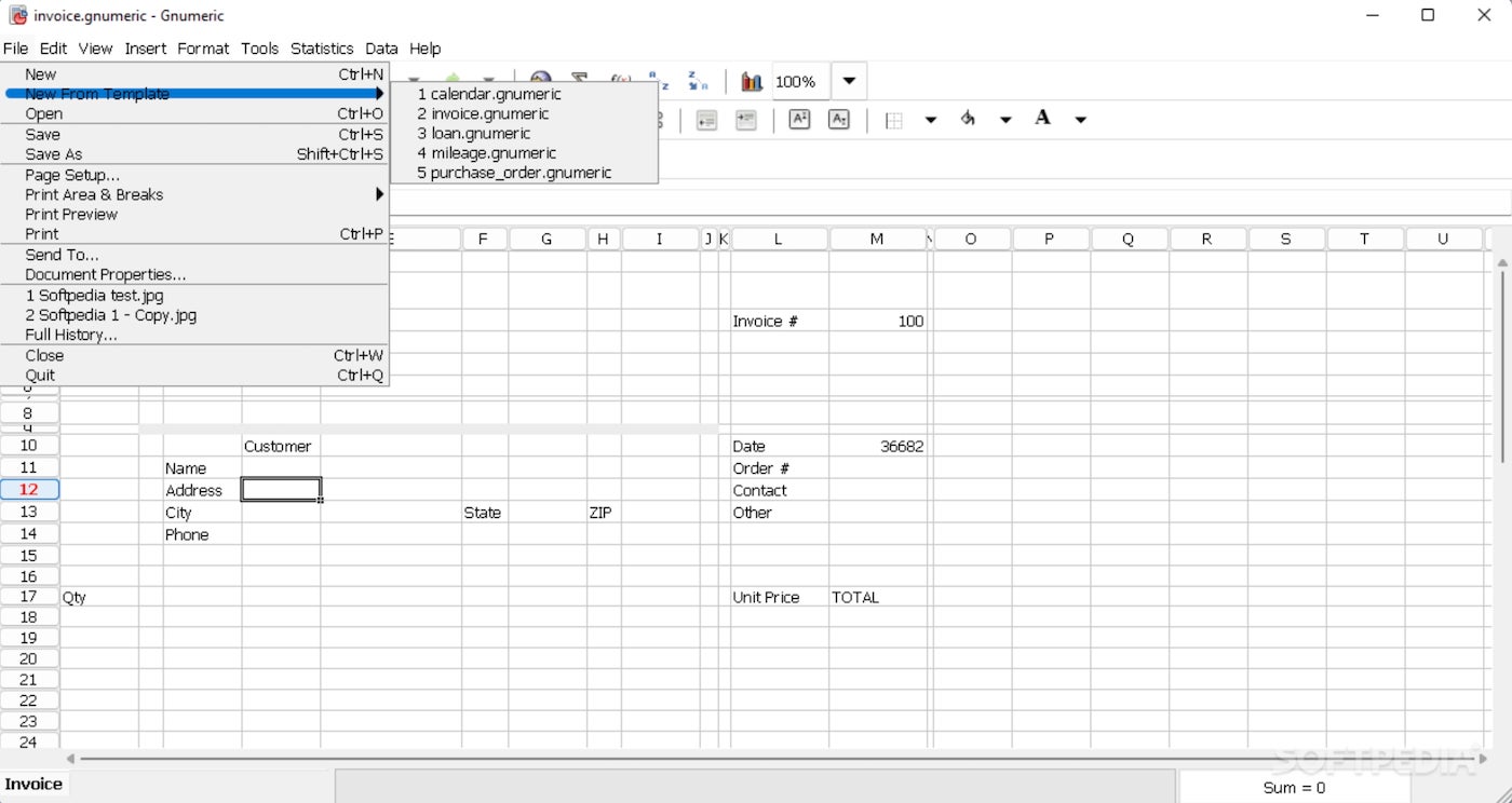 Gnumeric spreadsheet with template options.