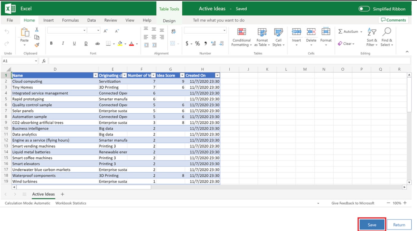 Microsoft 365 Excel Online table tools.