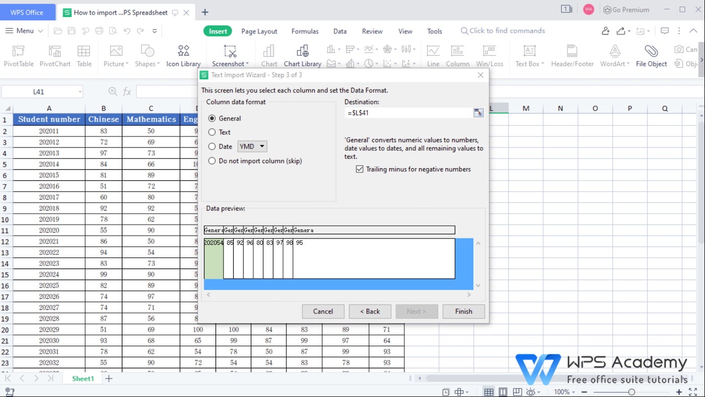 WPS Spreadsheet interface showing its text import wizard.