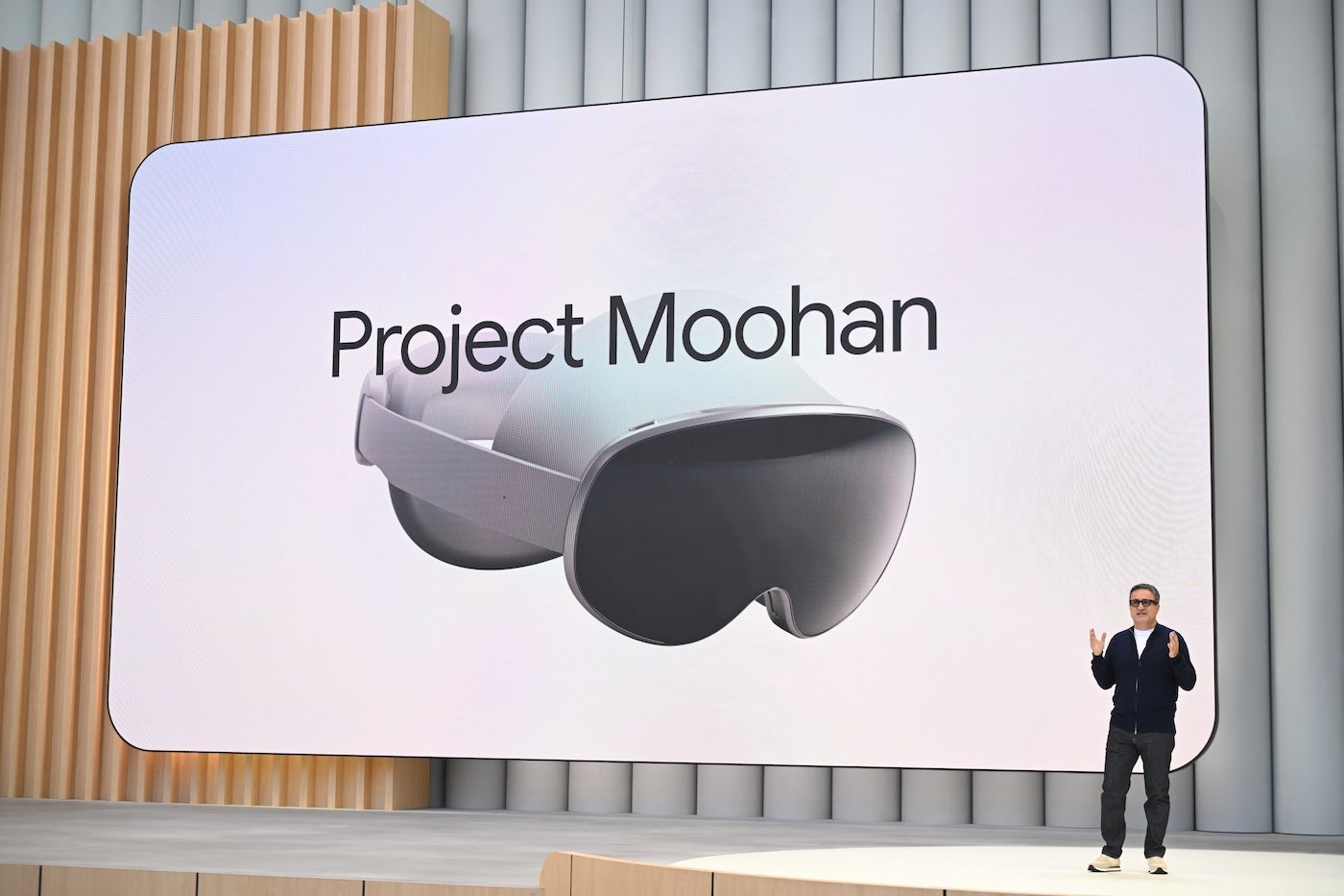 Google Vice President and General Manager of Android XR Shahram Izadi shows Project Moohan at Google I/O.