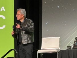 NVIDIA CEO Jensen Huang speaks during a press Q&A during NVIDIA GTC in San Jose, California on March 19.