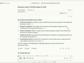 Perplexity Pro research view showing key M&A trends and AI-generated analysis.