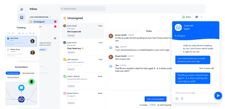 Tidio Lyra live chat interface showing automated product recommendation from an AI chatbot.