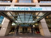 Signage hangs at an entrance to Salesforce Tower in Indianapolis.