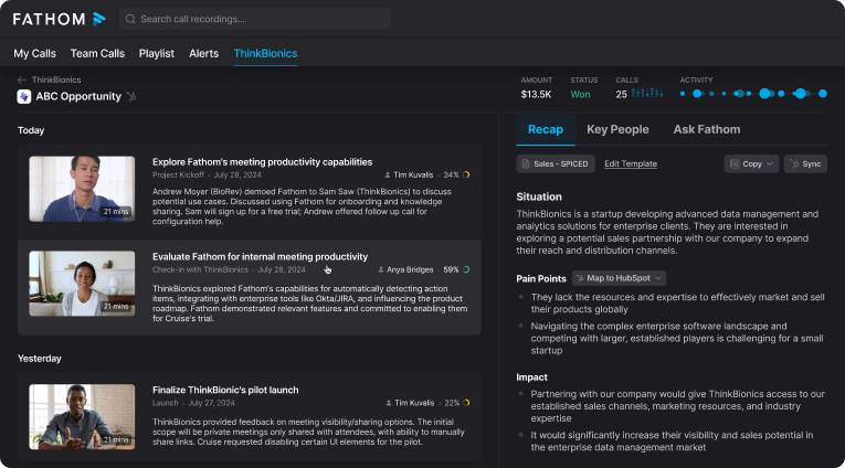 Fathom AI meeting assistant dashboard featuring video recordings, opportunity tracking, and synced sales recaps with HubSpot.