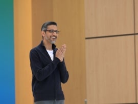 Google CEO Sundar Pichai speaks at Google I/O on May 20, 2025 in Mountain View, California.