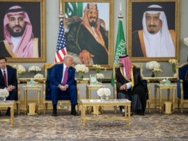 President Donald Trump speaks with Saudi Crown Prince Mohammed Bin Salman Al Saud after his arrival to King Khalid International Airport in Riyadh, Saudi Arabia, Tuesday, May 13, 2025.
