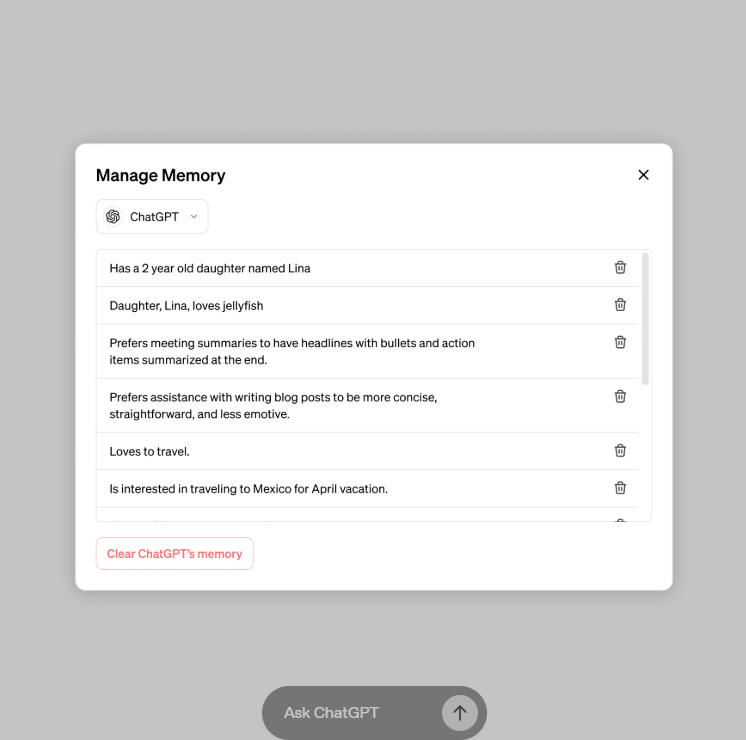ChatGPT settings with example memories.