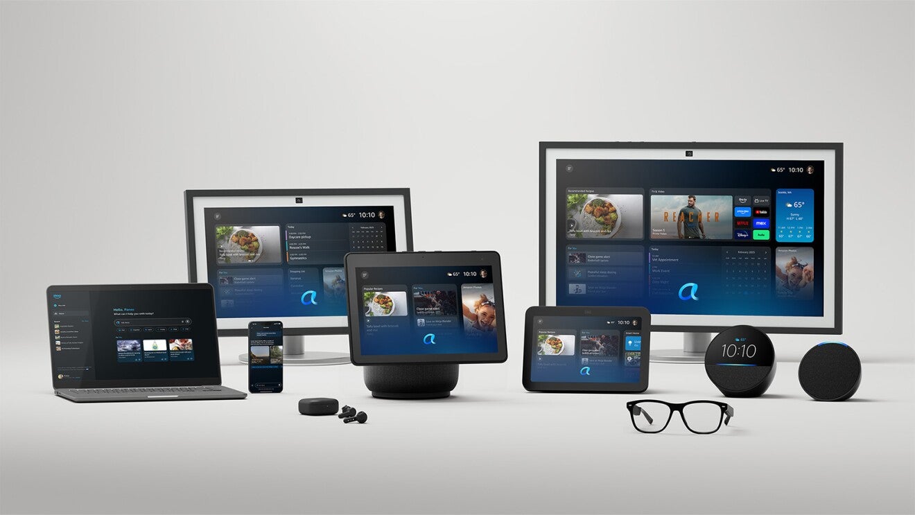 Amazon-enabled smart devices, including a laptop, Amazon Echo speakers, tablets, glasses, and headphones.