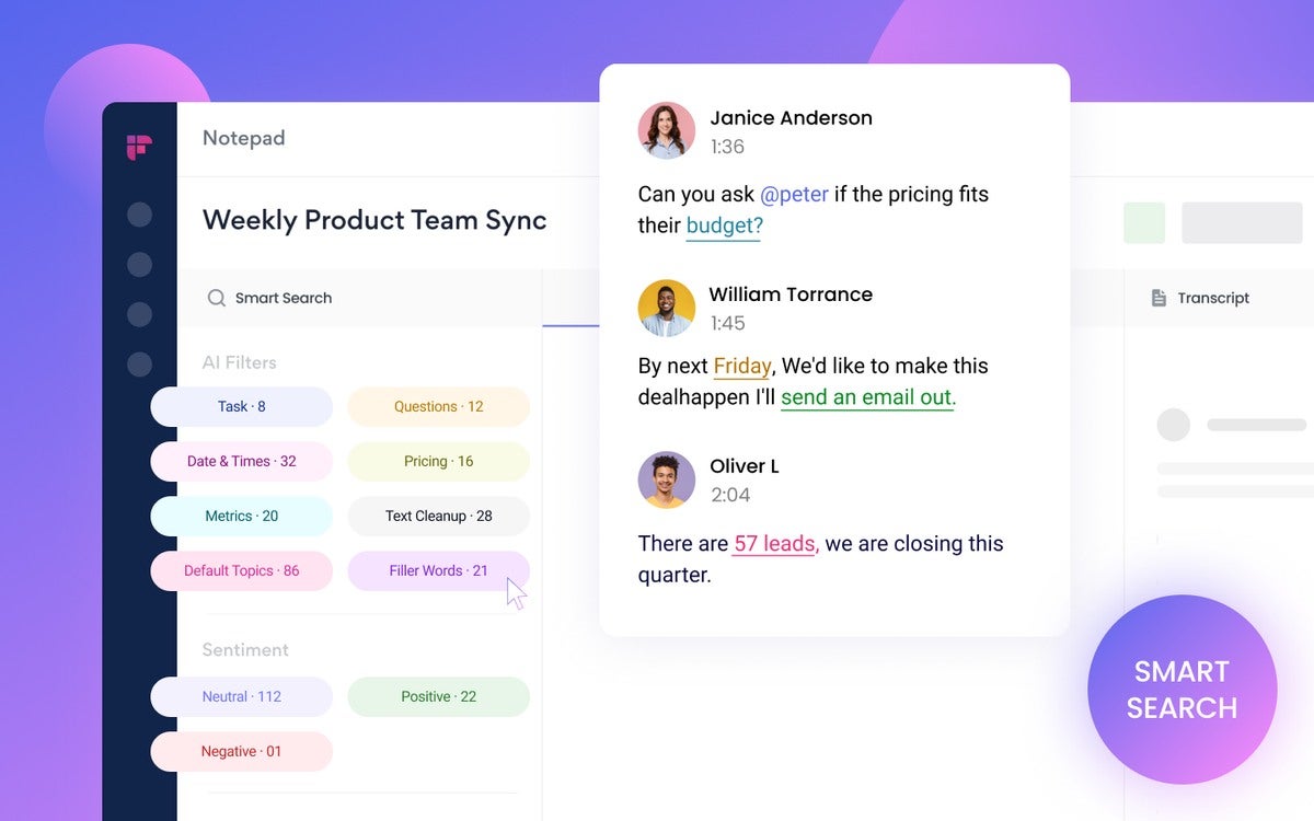 Fireflies team chat with smart search features, like topic detection and sentiment analysis.