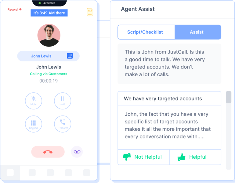 Mobile phone screen with an active call featuring the JustCall agent assist, providing notes on the customer experience.