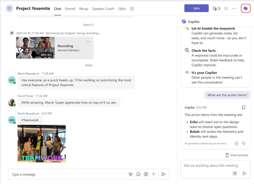 Microsoft Teams Thread with meeting recording and Copilot post-meeting action items.