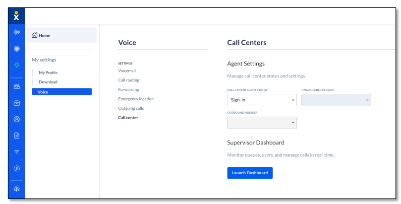 Nextiva voice settings featuring the supervisor dashboard and call center routing options.