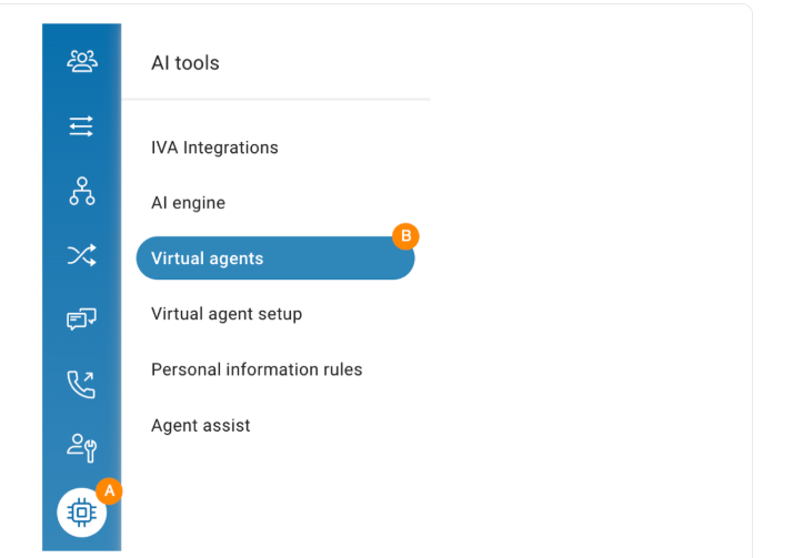 RingCX settings with list of virtual agent features, agent assist, and IVA.