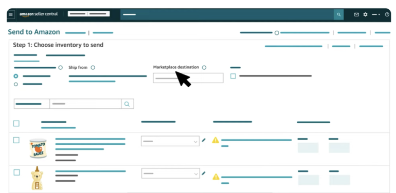 Amazon Seller Central screen showing Step 1 of the Send to Amazon workflow, with SKU selection, ship-from address, and marketplace destination options. Product rows include tomato sauce and honey items with quantity fields and warning icons.