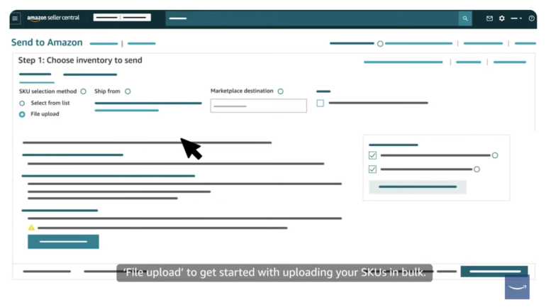 Amazon Seller Central screen showing the 'Send to Amazon' inventory selection step with 'File upload' chosen as the SKU selection method. A cursor points to the instructions, and a caption at the bottom reads 'File upload to get started with uploading your SKUs in bulk.