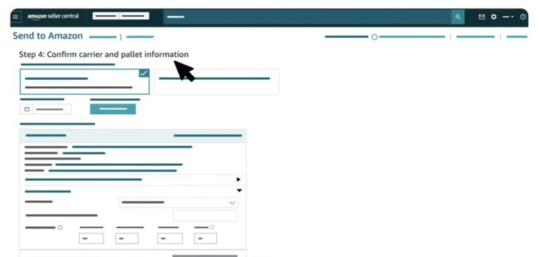 Amazon Seller Central screen showing Step 4 of the Send to Amazon workflow titled 'Confirm carrier and pallet information,' with a cursor pointing to a dropdown menu and a form for entering pallet shipment details.