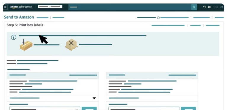 Amazon Seller Central screen showing Step 3 of the Send to Amazon workflow labeled 'Print box labels,' with illustrations of correctly and incorrectly labeled boxes and a cursor pointing to the instruction area.