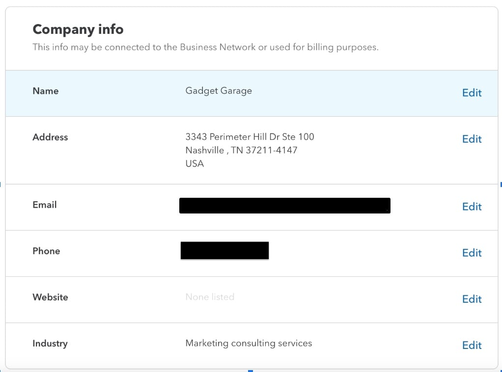 Company section in QuickBooks Online showing important company details.