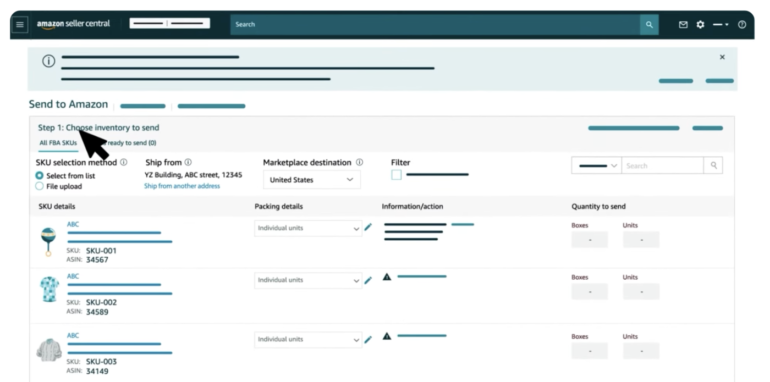 Amazon Seller Central interface showing Step 1 of the Send to Amazon workflow. The screen allows sellers to choose inventory for FBA shipment by selecting SKUs, setting packing details, and entering quantities. The SKU list includes product images, SKUs, ASINs, packing type dropdowns, and editable quantity fields for boxes and units. The ship-from address and marketplace destination are shown at the top, with filter and search options on the right.