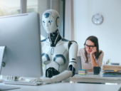 Disappointed stressed woman and AI robot in the office