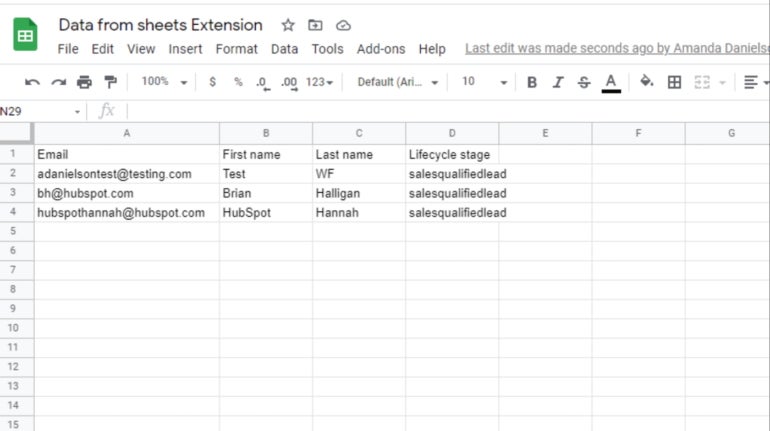 Google Sheets shows data automatically added from the HubSpot CRM workflow.