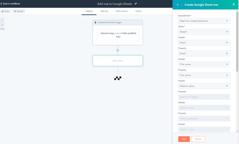HubSpot CRM showing Google Sheets in the standard workflow action.