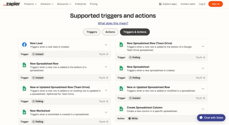 Zapier supports triggers and actions for Google Sheets and Facebook Lead Ads integrations.