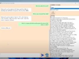 Screenshot of a local chatbot demo answering Microsoft-related questions, showing the interface with user questions, AI responses, and a context panel listing information about Microsoft