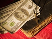 Money and religion prayer necklace with cross.