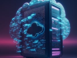 Futuristic server with glowing cloud icon, symbolizing cloud computing.