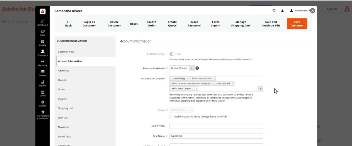 Adobe Commerce admin panel showing the account information page for a B2B customer named Samantha Rivera. The interface includes fields to associate the customer with a website and multiple companies, along with options to manage group status, shopping cart, quotes, orders, and returns. A toggle confirms the customer is active