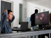 Nervous IT programmer having security breach alert on computer display.
