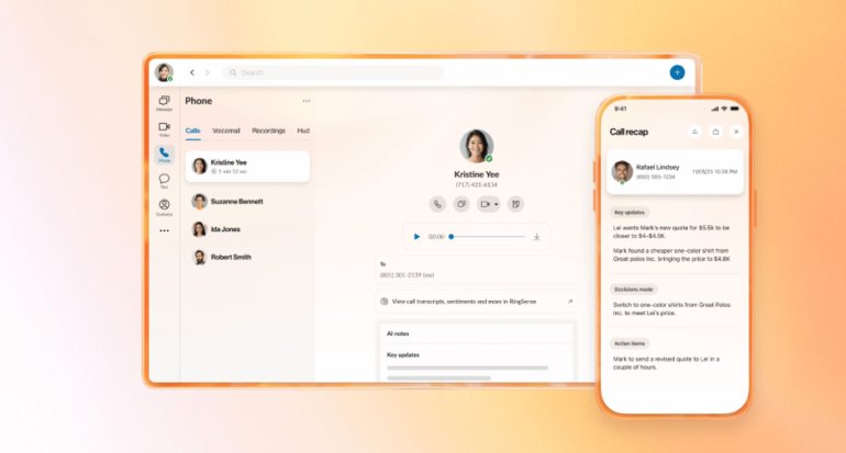 RingCentral desktop and mobile app screens with call recording and AI-generated recap.