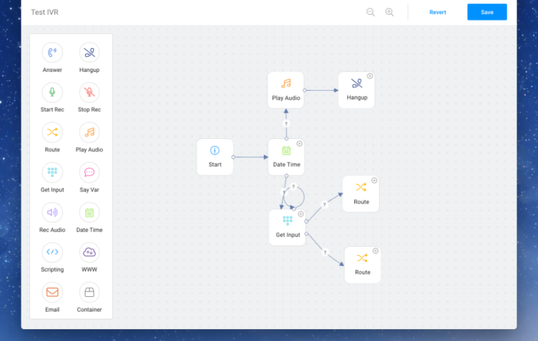 RingCentral Test IVR designer with icons that visualize how to create a call flow.